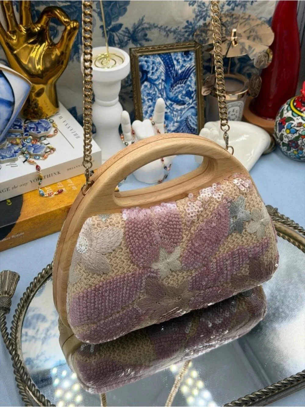 🆕 HAUTE HIPPIE 🧿 NWOT Floral Sequin & Crochet Wooden Clutch w Chain, Pink - Picture 6 of 16